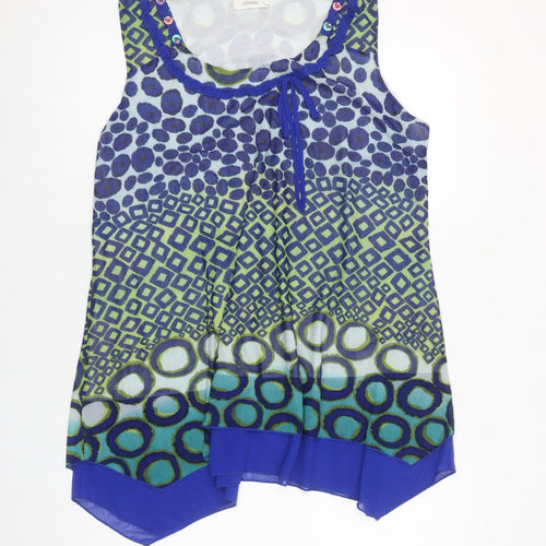 Evanna Womens Blue Geometric Chiffon Sleeveless Tunic Blouse Size L