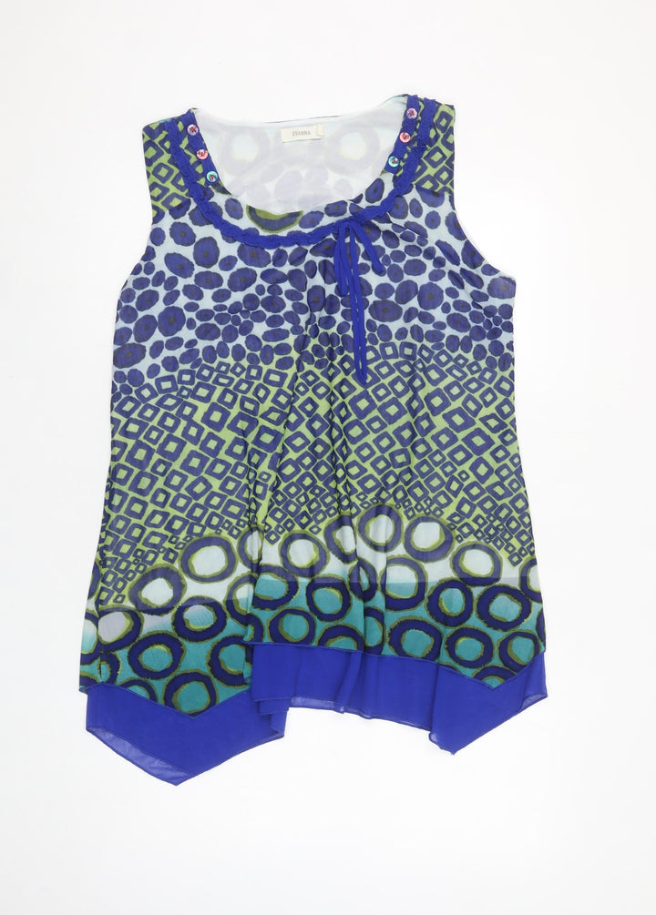 Evanna Womens Blue Geometric Chiffon Sleeveless Tunic Blouse Size L