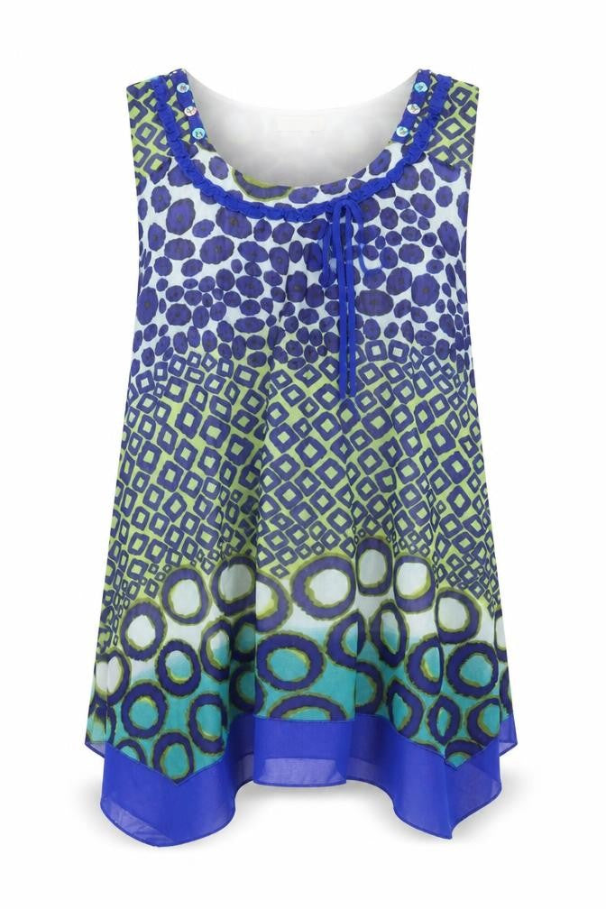 Front view of Evanna women’s blue geometric chiffon sleeveless tunic blouse, size L