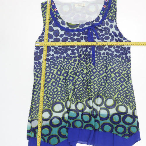 Evanna Womens Blue Geometric Chiffon Sleeveless Tunic Blouse Size L