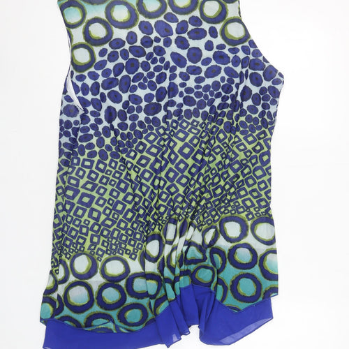 Evanna Womens Blue Geometric Chiffon Sleeveless Tunic Blouse Size L