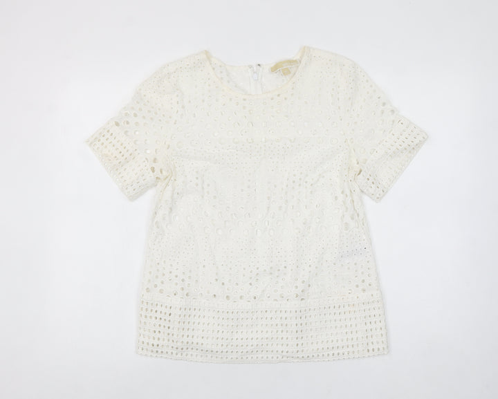 Michael Kors Women's Ivory Cotton Lace Short Sleeve Blouse M