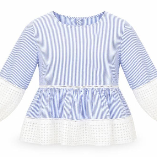 Japna Women's Blue Striped Cotton Tunic Blouse Long Sleeve S