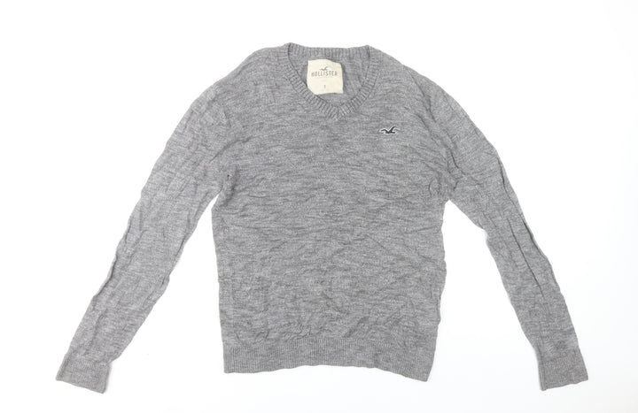 Hollister Men's Grey V-Neck Jumper Size S Cotton Blend Knitwear