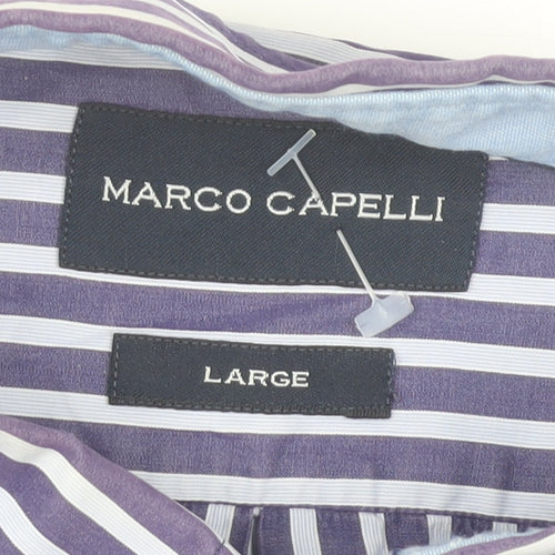Marco Capelli Mens Blue Striped Cotton Long Sleeve Dress Shirt L
