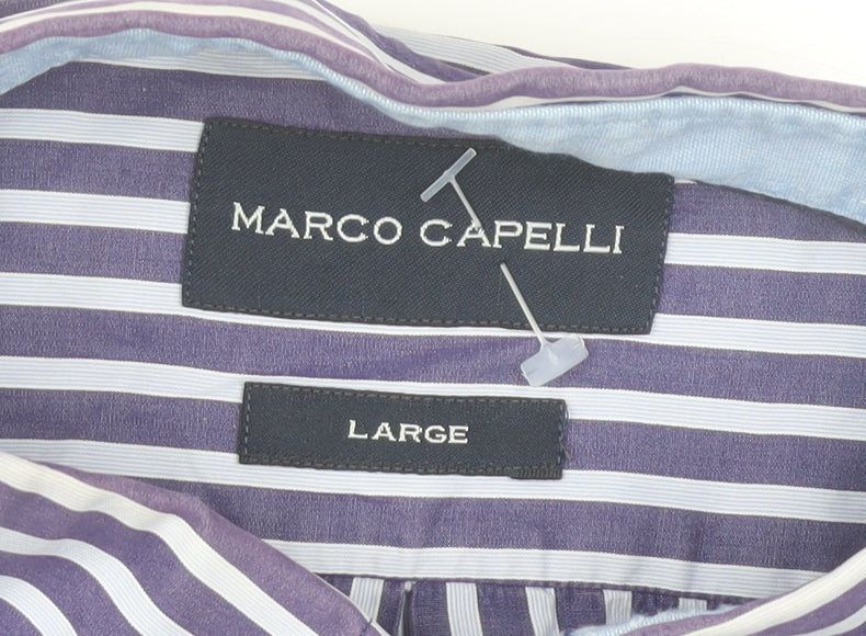 Marco Capelli Mens Blue Striped Cotton Long Sleeve Dress Shirt L