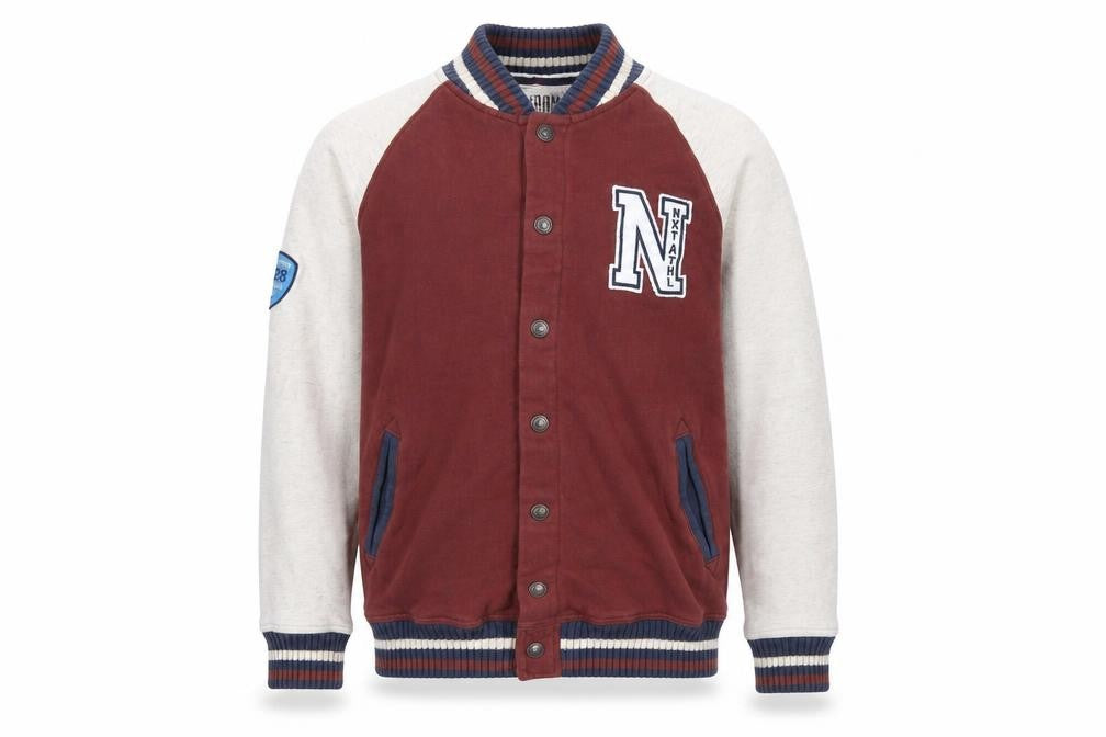 Front view of Next boys’ brown varsity jacket 14 years cotton blend lined casual style