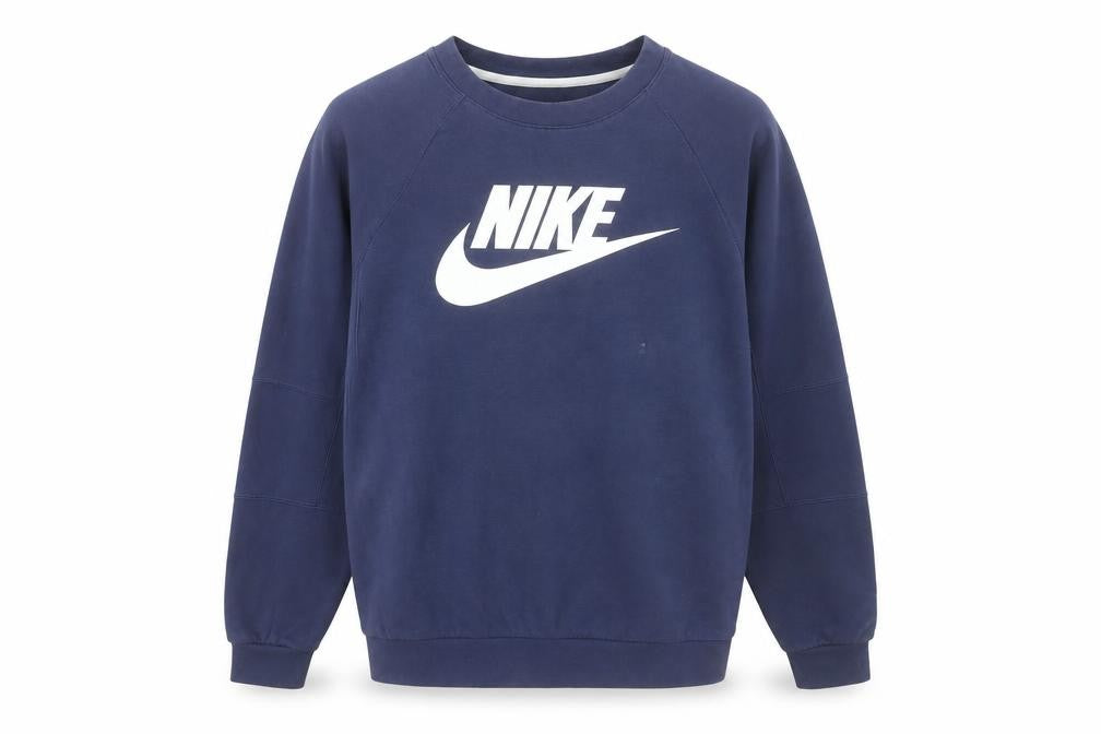 Front view of Nike Men’s Blue Crew Neck Logo Sweatshirt, size M, Regular Fit Pullover