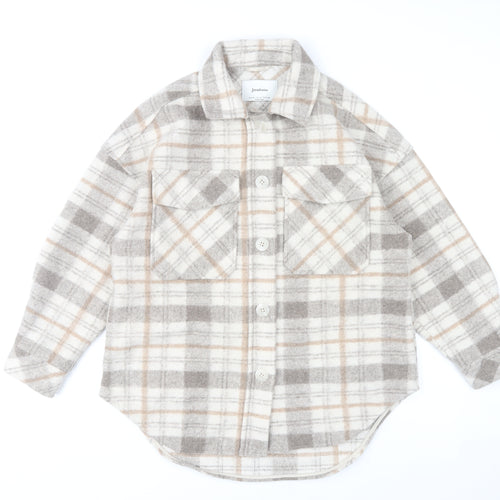 Stradivarius Women Beige Check Overshirt Jacket Size 12 Fleece Style