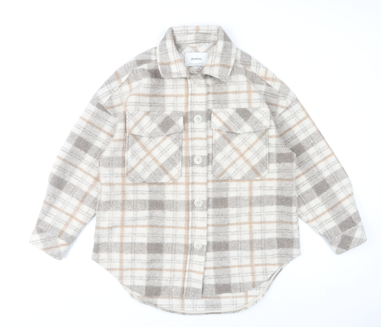 Stradivarius Women Beige Check Overshirt Jacket Size 12 Fleece Style