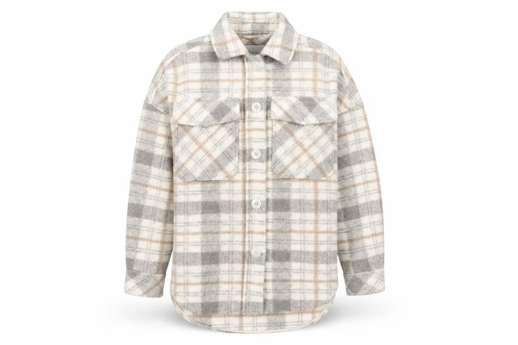 Front view of Stradivarius Women Beige Check Overshirt Jacket, size 12, Fleece Style