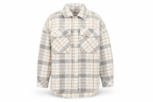 Front view of Stradivarius Women Beige Check Overshirt Jacket, size 12, Fleece Style