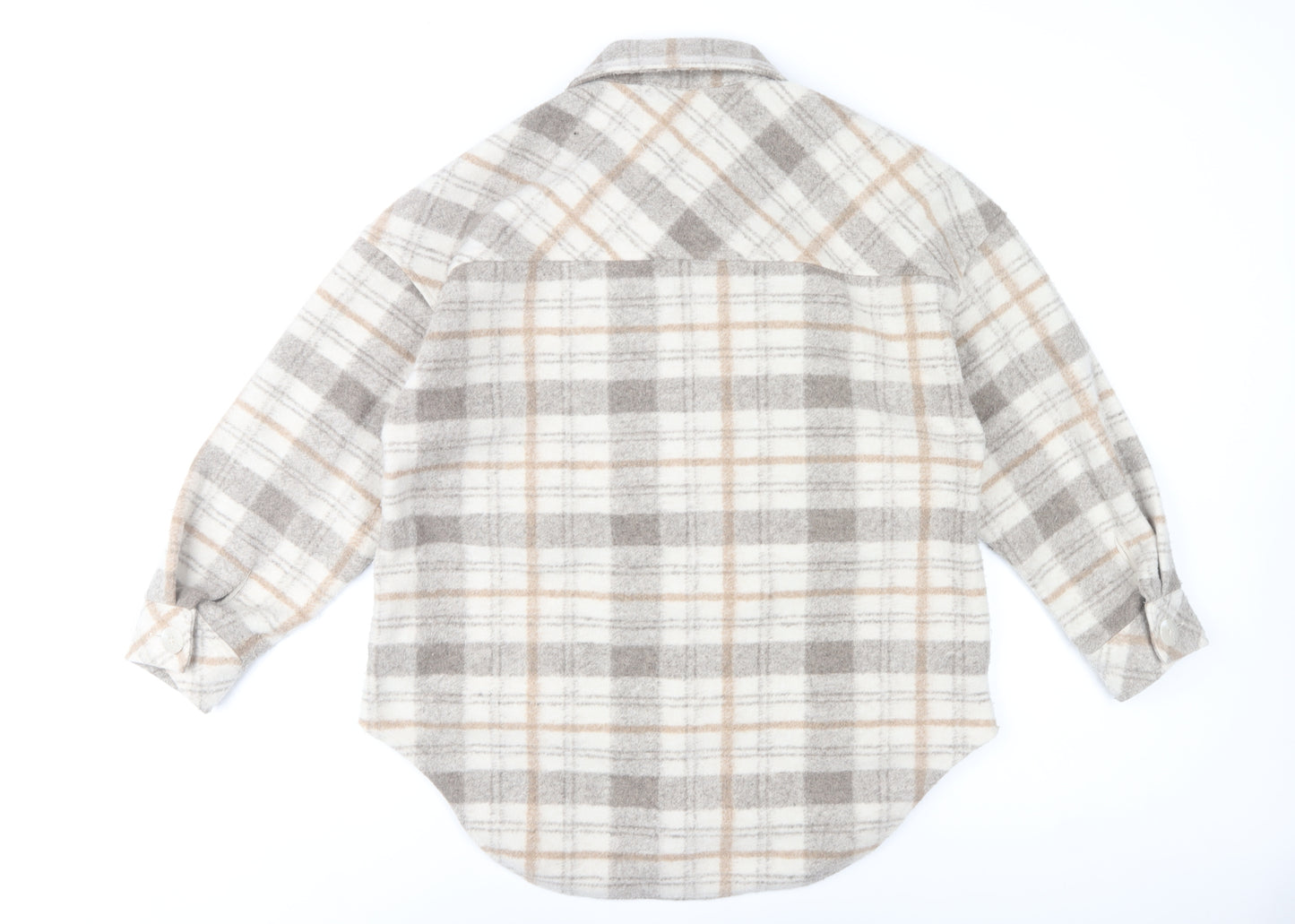 Stradivarius Women Beige Check Overshirt Jacket Size 12 Fleece Style