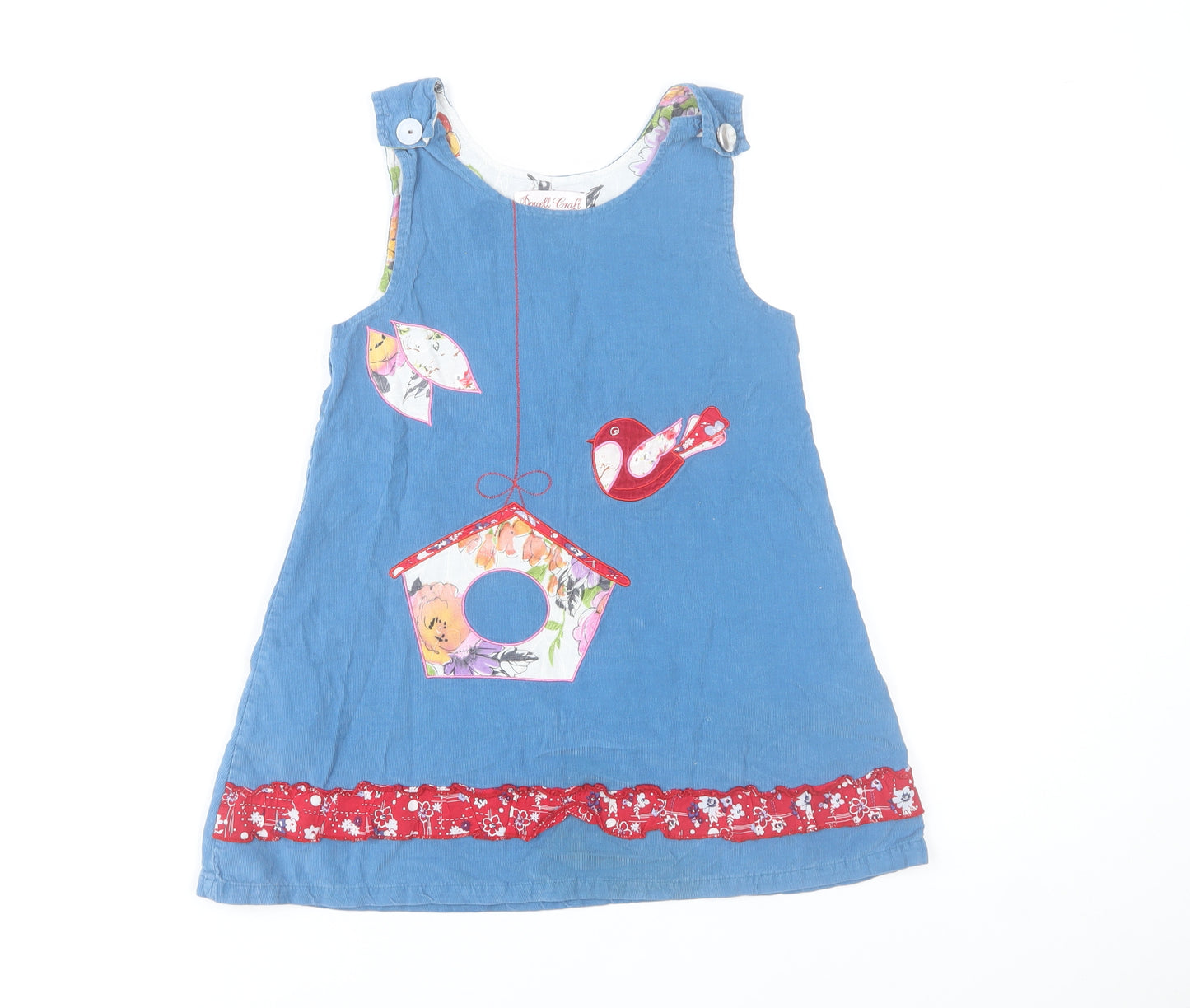 Powell Craft Girls Blue Cotton Birdhouse Pinafore Dress 4-5 Years