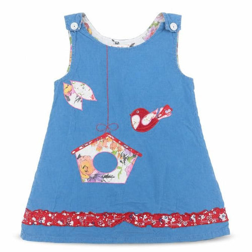 Powell Craft Girls Blue Cotton Birdhouse Pinafore Dress 4-5 Years