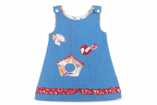 Powell Craft Girls Blue Cotton Birdhouse Pinafore Dress 4-5 Years