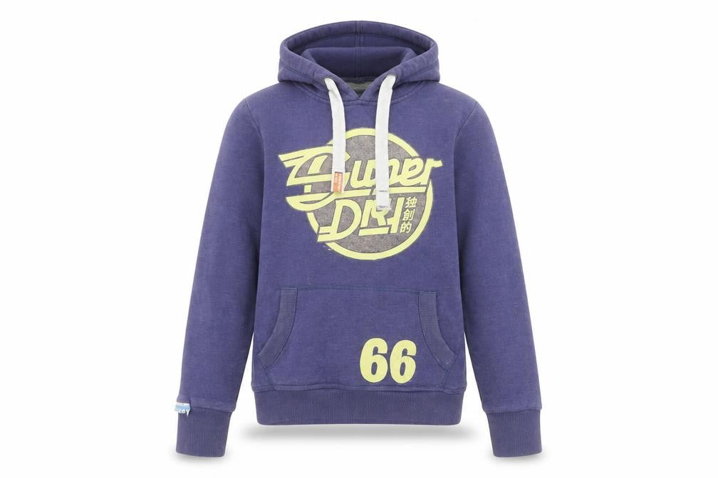 Front view of Superdry Women's Purple Pullover Hoodie, size S, Cotton Blend