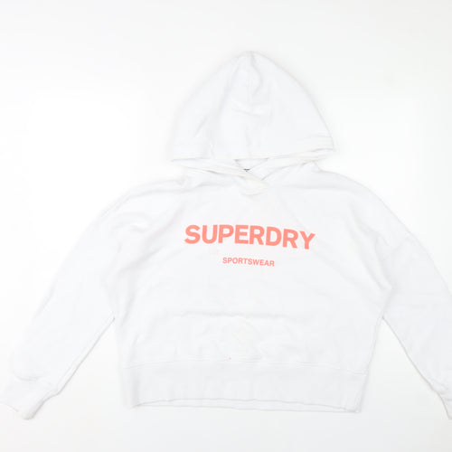 Superdry Womens White Hoodie UK 10 Pullover Sportswear Logo Cotton