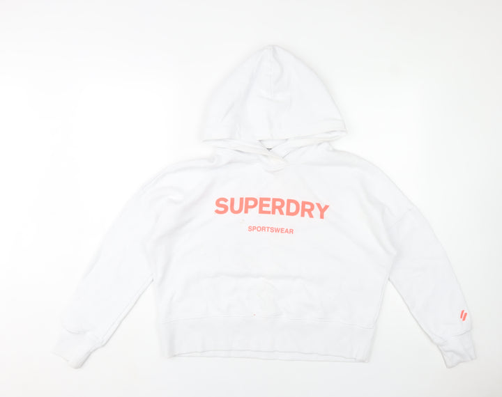 Superdry Womens White Hoodie UK 10 Pullover Sportswear Logo Cotton