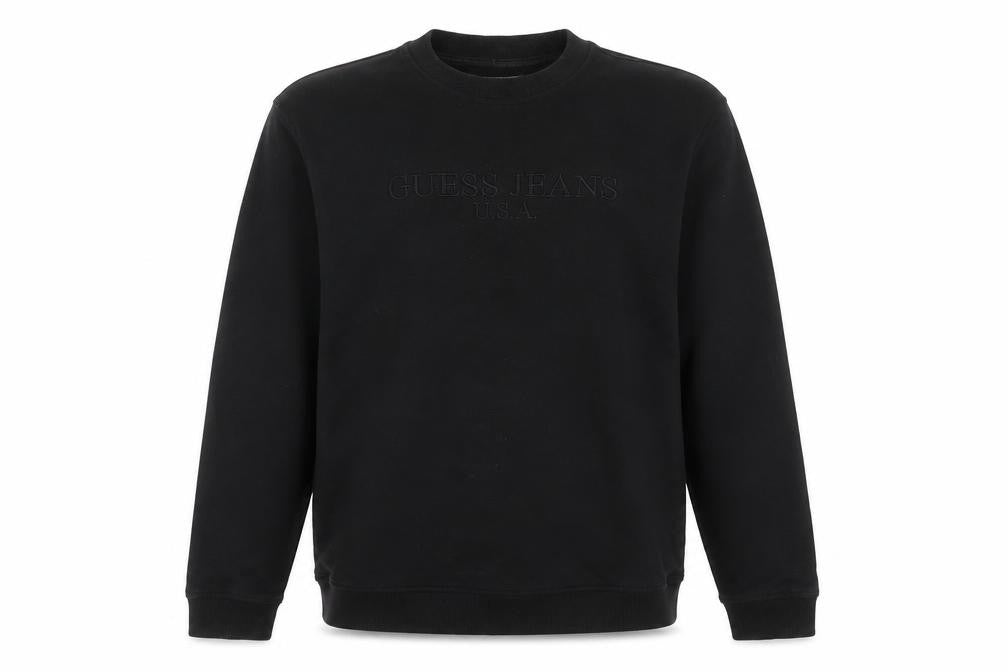 Front view of Guess Jeans men’s black embroidered logo sweatshirt, size L