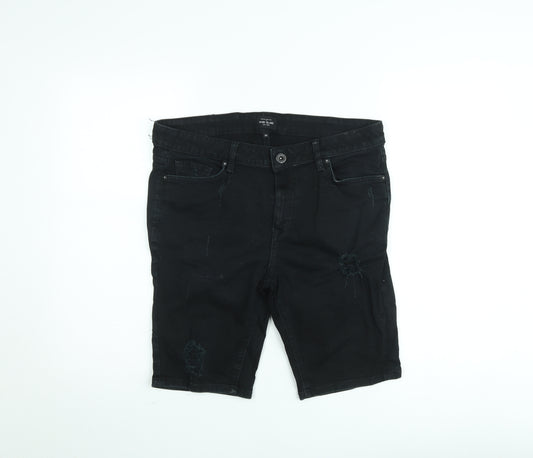 River Island Men's Black Distressed Denim Shorts Size 34 Relaxed Fit