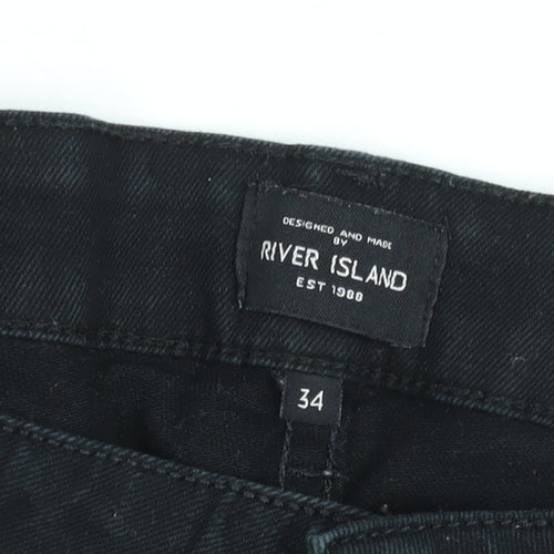 River Island Men's Black Distressed Denim Shorts Size 34 Relaxed Fit