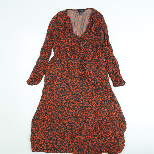 New Look Women’s Black Red Floral Midi Wrap Dress Size 6 Long Sleeve