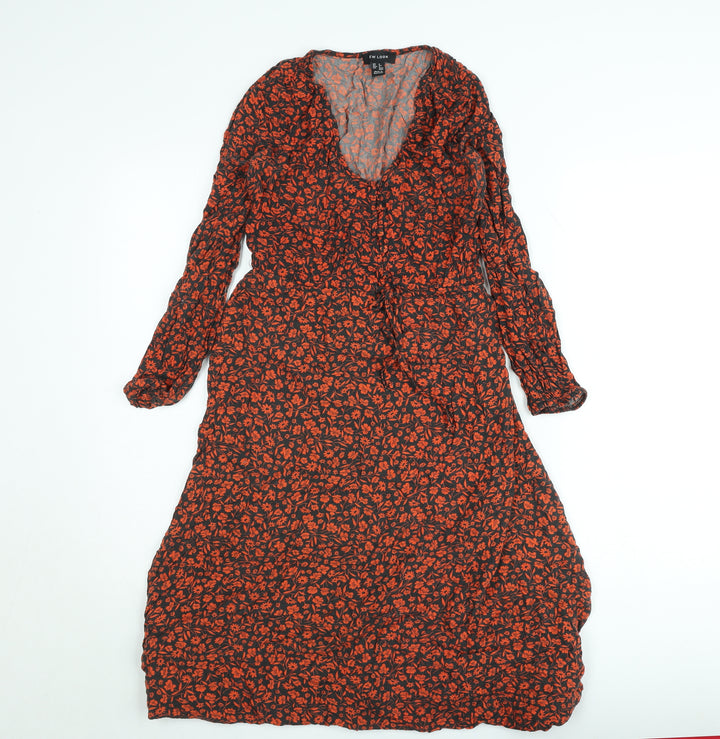 New Look Women’s Black Red Floral Midi Wrap Dress Size 6 Long Sleeve