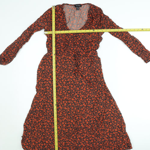 New Look Women’s Black Red Floral Midi Wrap Dress Size 6 Long Sleeve