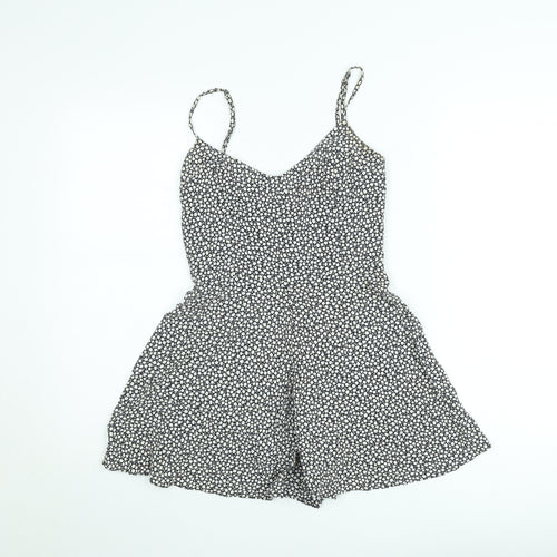 Zara Women Black Floral Playsuit XS Viscose Strappy Summer Romper