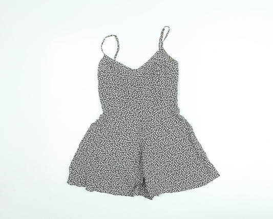 Zara Women Black Floral Playsuit XS Viscose Strappy Summer Romper