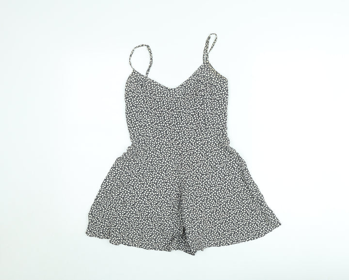 Zara Women Black Floral Playsuit XS Viscose Strappy Summer Romper
