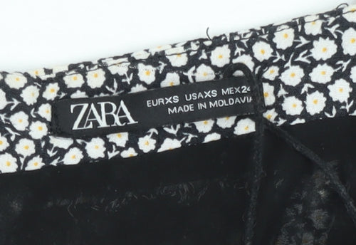 Zara Women Black Floral Playsuit XS Viscose Strappy Summer Romper