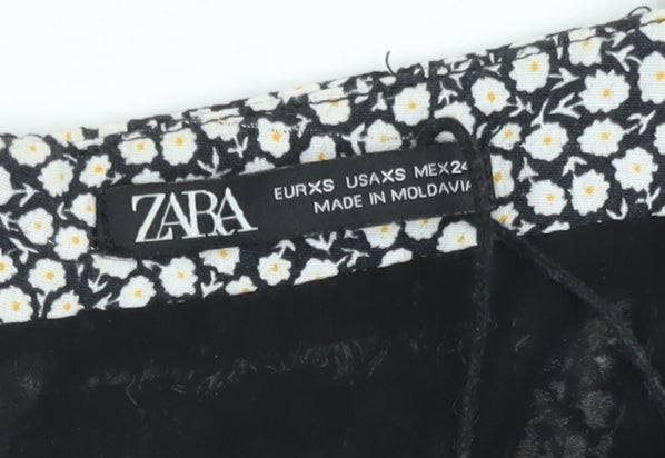 Zara Women Black Floral Playsuit XS Viscose Strappy Summer Romper