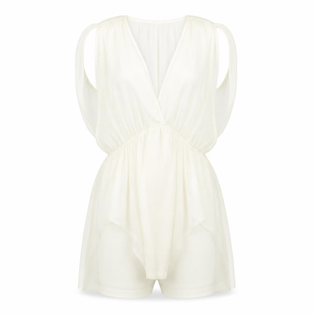 Topshop Women Ivory Sheer V-Neck Playsuit UK 6 Sleeveless Lightweight