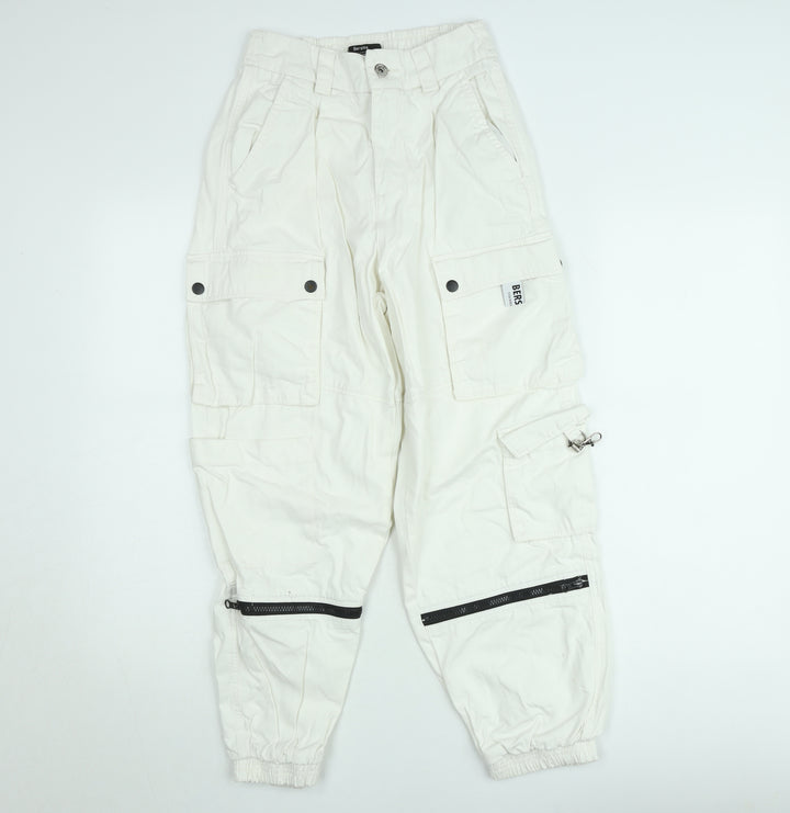 Bershka Womens White Cargo Trousers Size 8 Cotton Utility Style