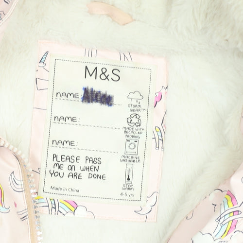 Marks and Spencer Girls Pink Unicorn Hooded Puffer Jacket 4-5 Years
