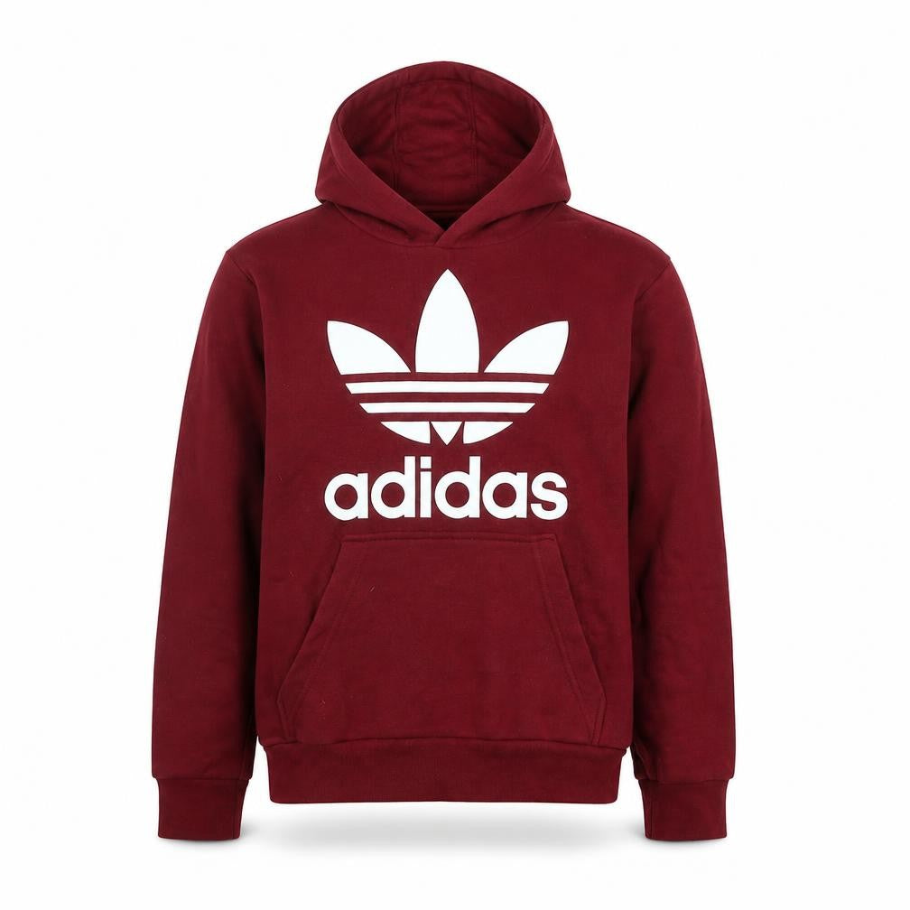 Front view of Adidas Teens Red Pullover Hoodie M Logo Graphic Sweatshirt