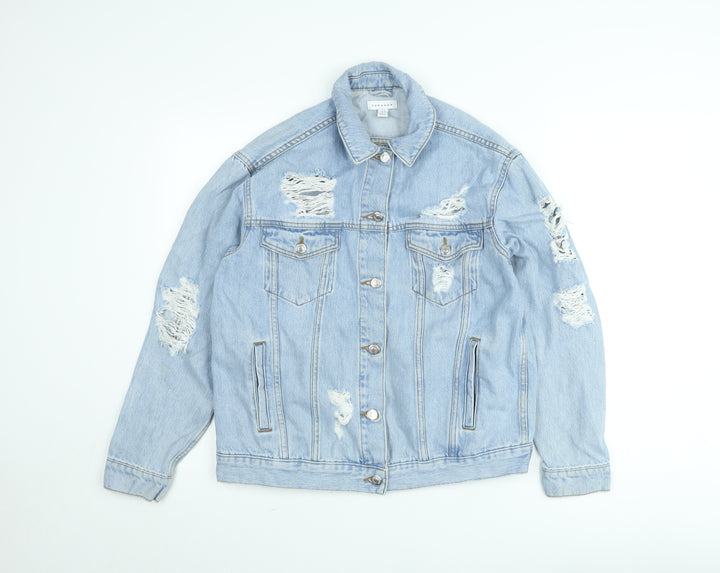 Topshop Women's Blue Distressed Denim Jacket Size 10
