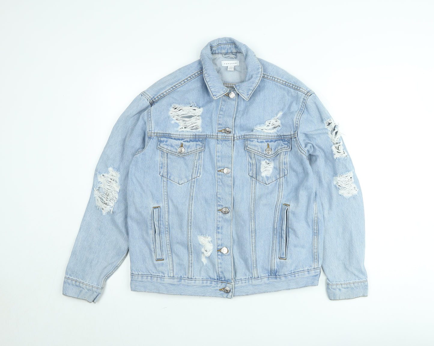Topshop Women's Blue Distressed Denim Jacket Size 10