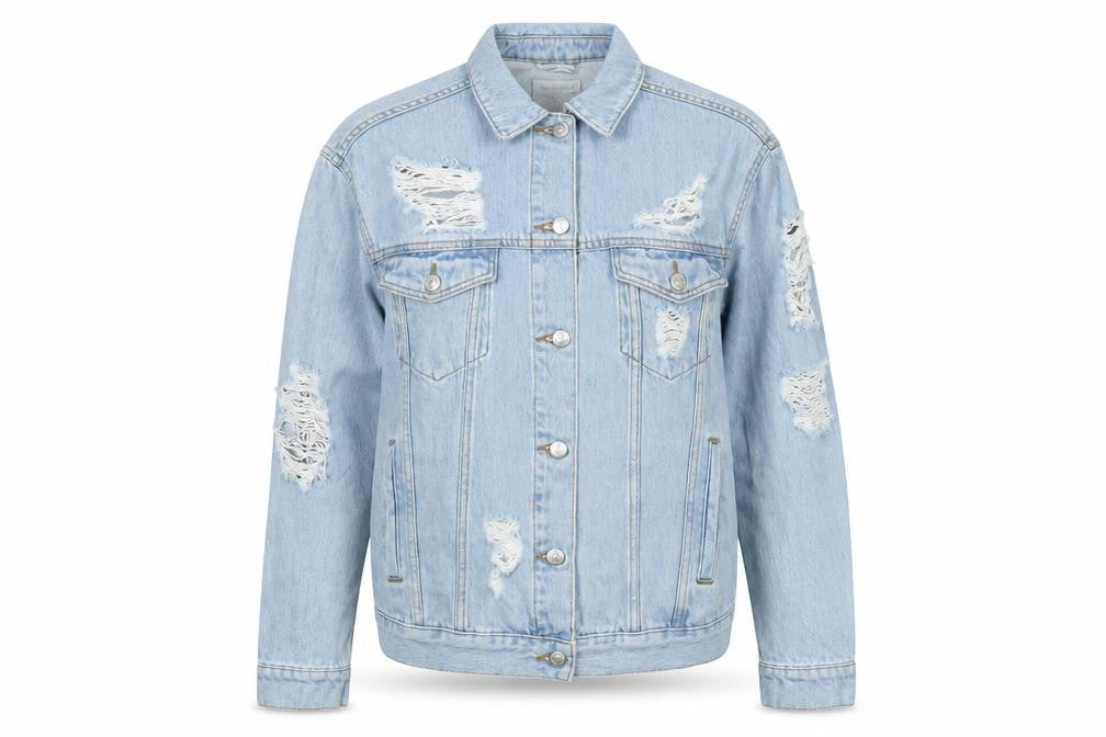 Front view of Topshop Women's Blue Distressed Denim Jacket, size 10