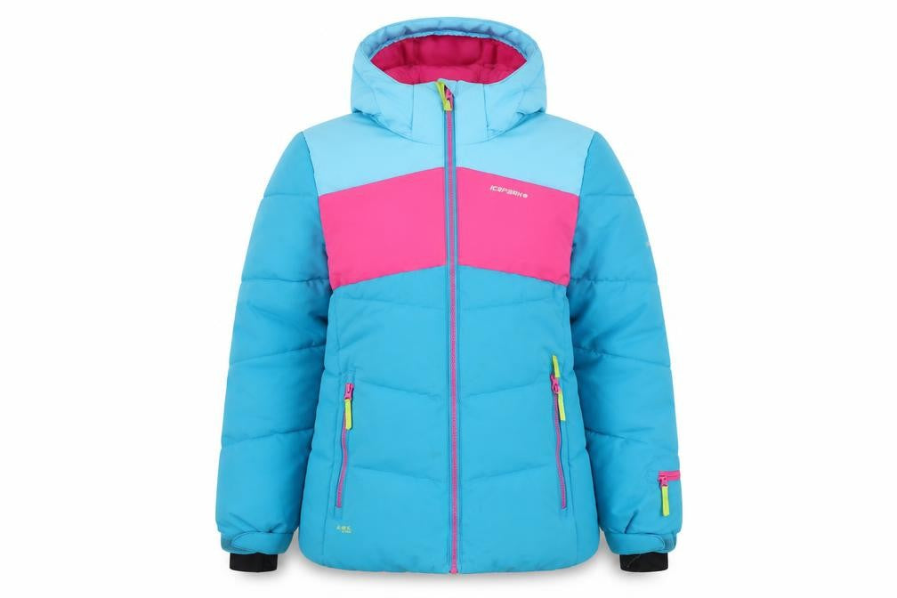 Front view of Icepeak Teens Blue Pink Puffer Jacket, size 14, Hooded Winter Coat