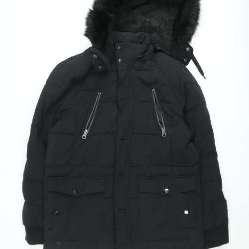 River Island Womens Black Fur Trim Hooded Puffer Jacket Size M