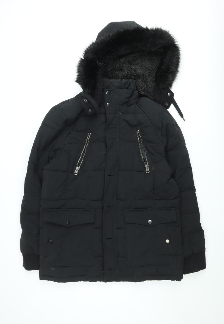 River Island Womens Black Fur Trim Hooded Puffer Jacket Size M