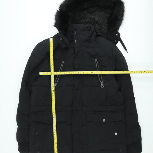 River Island Womens Black Fur Trim Hooded Puffer Jacket Size M