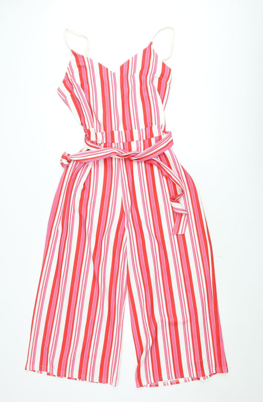 Quiz Womens Red Pink Striped Belted Sleeveless Jumpsuit Size 16