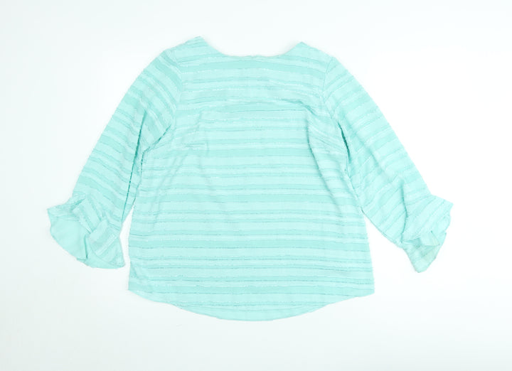 Dunnes Women Blue Striped Ruffle Long Sleeve Tunic Blouse Size 12
