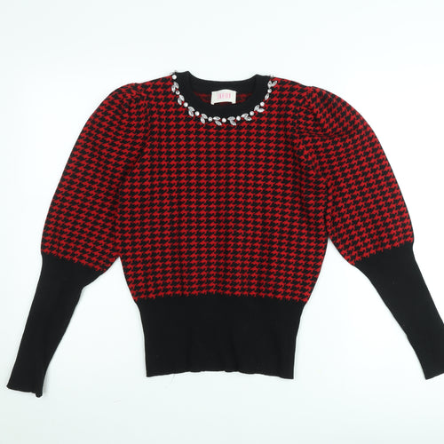 Savida Women’s Red & Black Houndstooth Puff Sleeve Jumper M