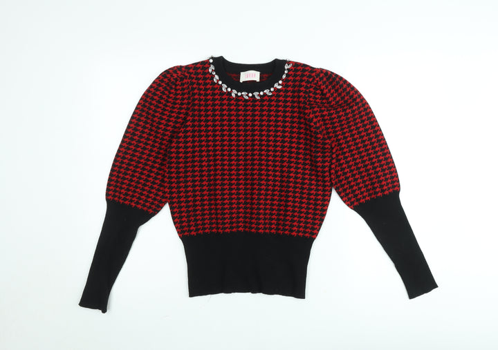 Savida Women’s Red & Black Houndstooth Puff Sleeve Jumper M