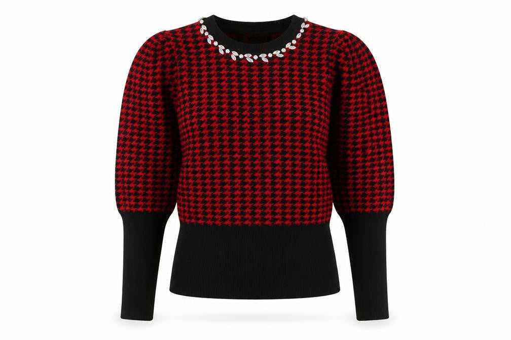 Front view of Savida Women’s Red & Black Houndstooth Puff Sleeve Jumper M